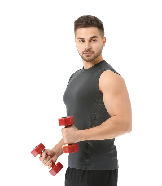 Joven Deportivo Entrenando Con Pesas Sobre Fondo Blanco — Foto de Stock