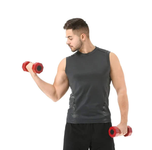 Joven Deportivo Entrenando Con Pesas Sobre Fondo Blanco — Foto de Stock