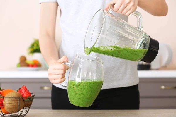 Woman Pouring Healthy Smoothie Jug Kitchen — Stock Photo, Image