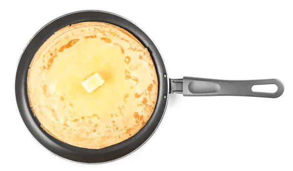 Frying Pan Tasty Blini White Background — Stock Photo, Image