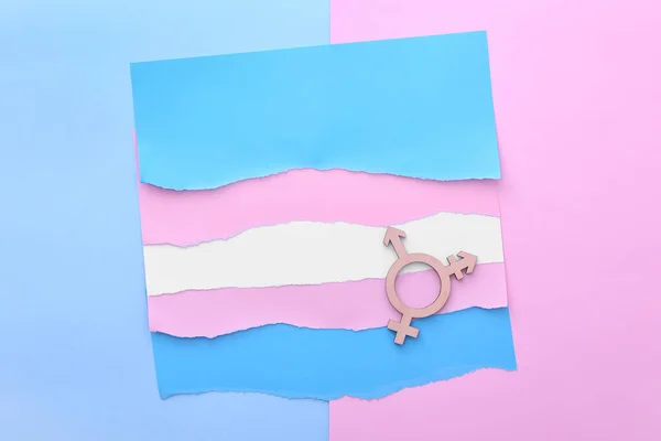 Bandeira Feita Papel Símbolo Transexual Sobre Fundo Cor — Fotografia de Stock