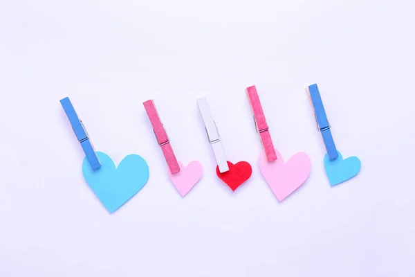 Pegs Paper Hearts White Background Concept Transgender — Stock Photo, Image