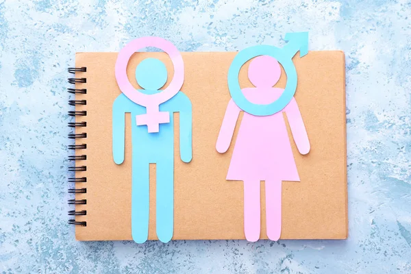 Cuaderno Con Figuras Hombre Mujer Símbolos Sobre Fondo Color Concepto —  Fotos de Stock