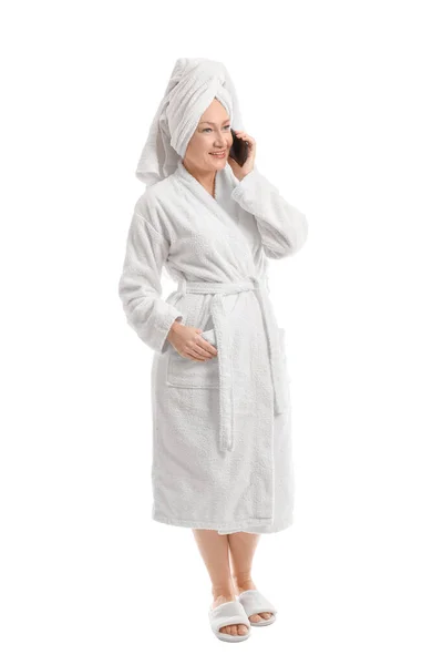 Mature Woman Bathrobe Talking Mobile Phone White Background — Stock Photo, Image