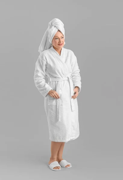 Mature Woman Bathrobe Grey Background — Stock Photo, Image