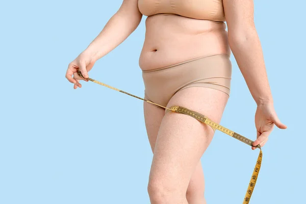 Overweight Woman Measuring Tape Color Background Weight Loss Concept — Stock Photo, Image