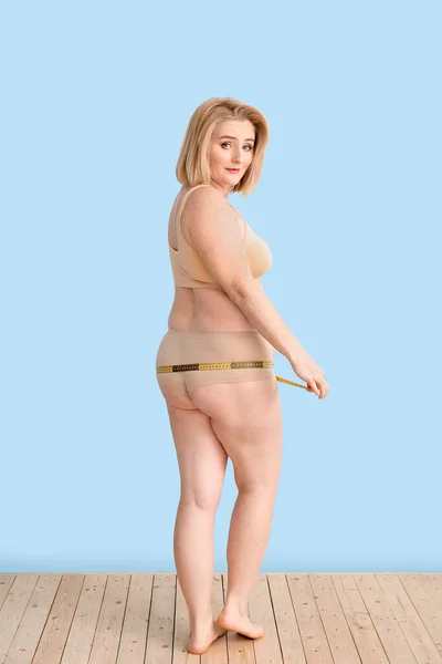 Overweight Woman Measuring Tape Color Background Weight Loss Concept — Stock Photo, Image