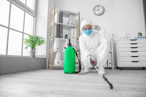 Worker Biohazard Suit Disinfecting Office — Stock Photo, Image