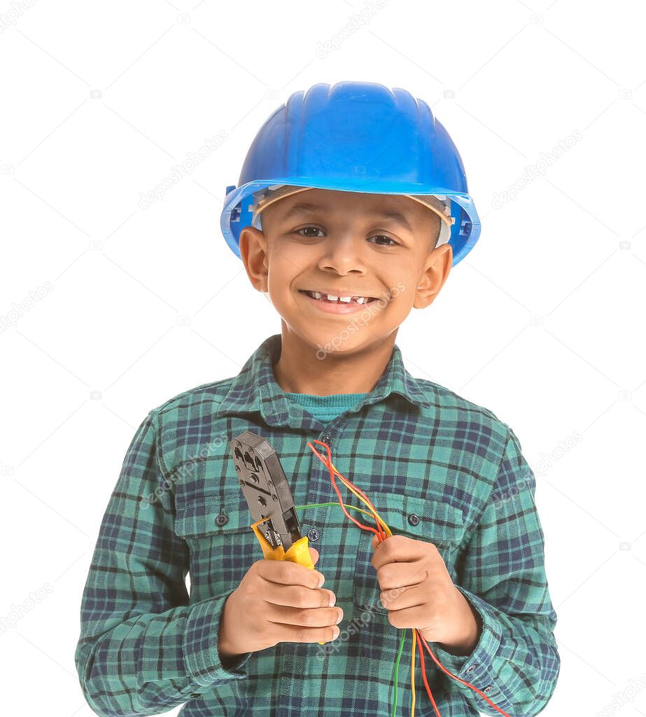 Little African-American electrician on white background