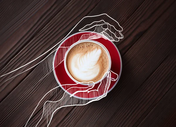 Copo Cappuccino Saboroso Mãos Desenhadas Mesa Madeira — Fotografia de Stock