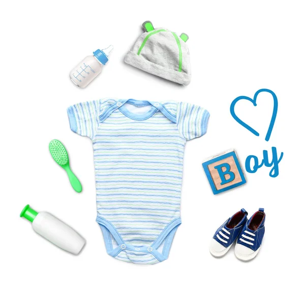 Composition Avec Vêtements Accessoires Pour Bébés Sur Fond Blanc — Photo