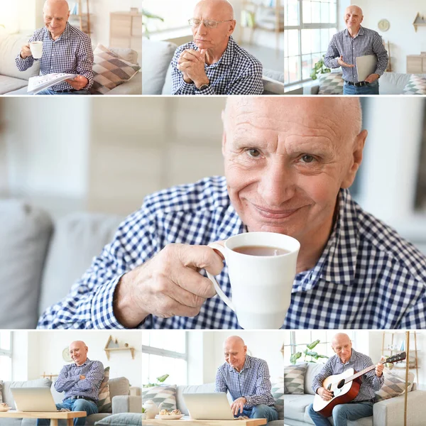 Collage Fotos Con Anciano Descansando Casa — Foto de Stock