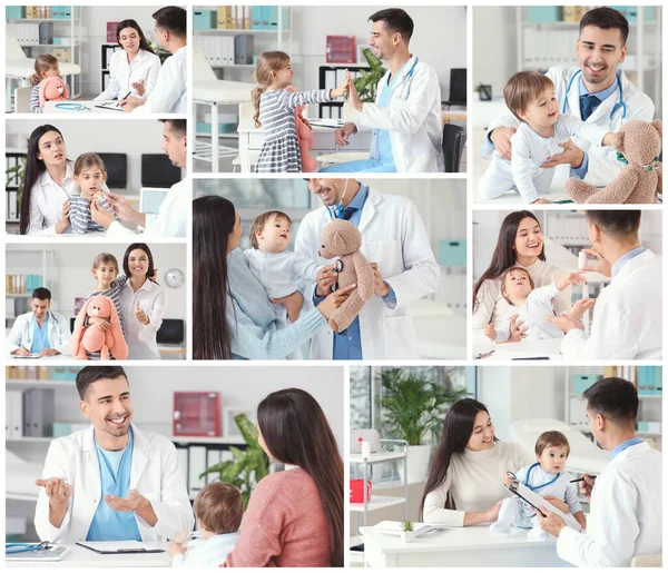 Collage Fotos Con Pediatra Examinando Niños Pequeños Clínica —  Fotos de Stock