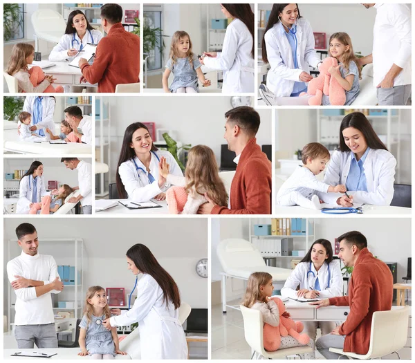 Collage Bilder Med Barnläkare Undersöker Små Barn Kliniken — Stockfoto