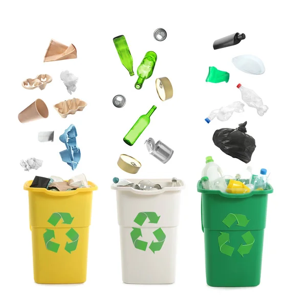 Garbage Falling Containers White Background Recycling Concept — Stock Photo, Image