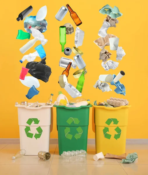 Garbage Falling Containers Color Wall Recycling Concept — Stock Photo, Image