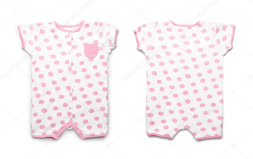 Front and back view of baby bodysuit on white background