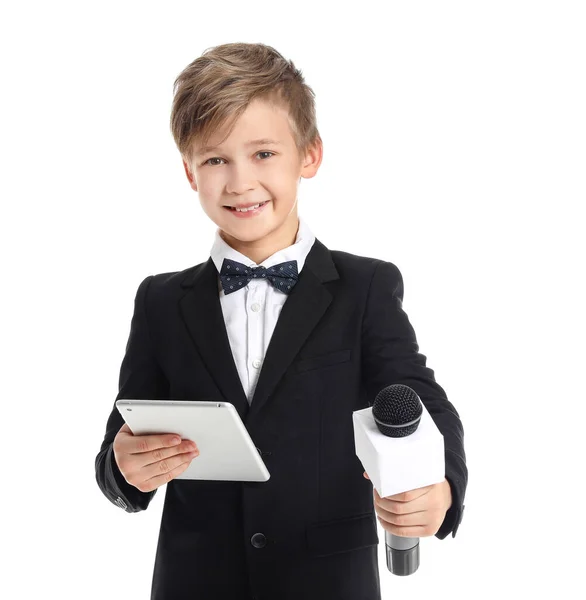 Little Journalist Microphone Tablet Computer White Background — Stockfoto