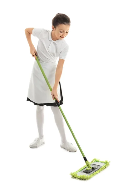 Cute Little Chambermaid Mop White Background — Stock Photo, Image