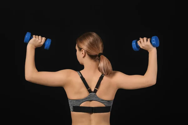 Sporty Young Woman Training Dumbbells Dark Background — Stock Photo, Image