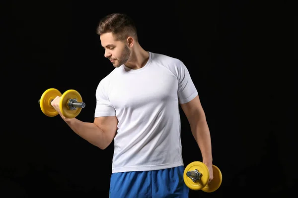 Sporty Young Man Training Dumbbells Dark Background — Stock Photo, Image