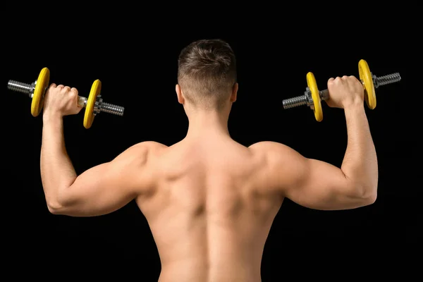 Sporty Young Man Training Dumbbells Dark Background — Stock Photo, Image