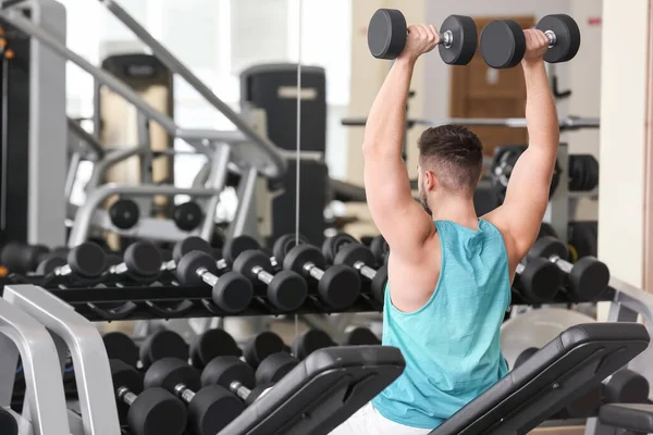 Sporty Young Man Training Dumbbells Gym — Stock Photo, Image