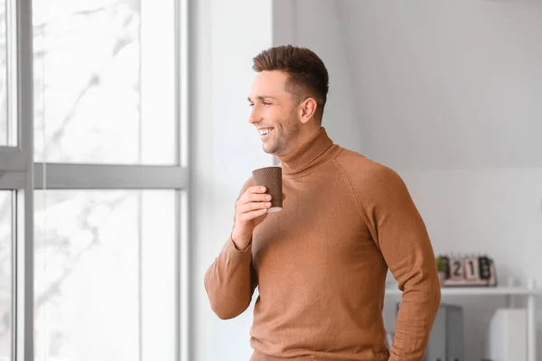 Young Man Drinking Coffee Office — Stock Photo, Image