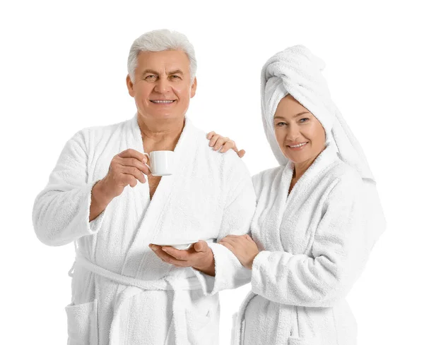 Mature Couple Bathrobes White Background — Stock Photo, Image