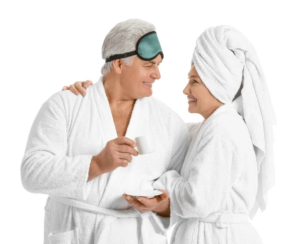 Mature Couple Bathrobes White Background — Stock Photo, Image