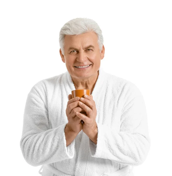 Happy Mature Man Bathrobe Cup Coffee White Background — Stock Photo, Image