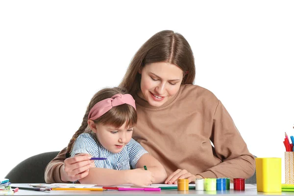 Profesora Dibujo Dando Clases Arte Privado Una Niña Sobre Fondo — Foto de Stock