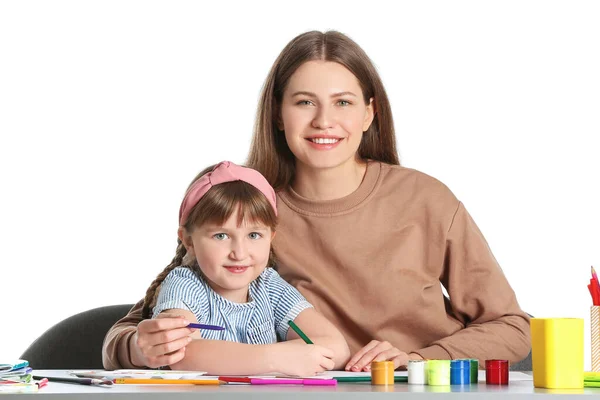 Disegno Insegnante Dando Lezioni Private Arte Alla Bambina Sfondo Bianco — Foto Stock