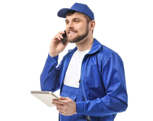Maschio Camionista Parlando Telefono Sfondo Bianco — Foto Stock