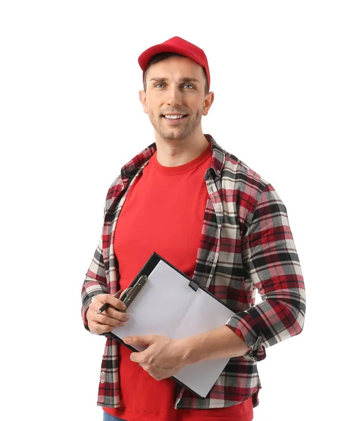 Male Truck Driver Documents White Background — Stock Photo, Image