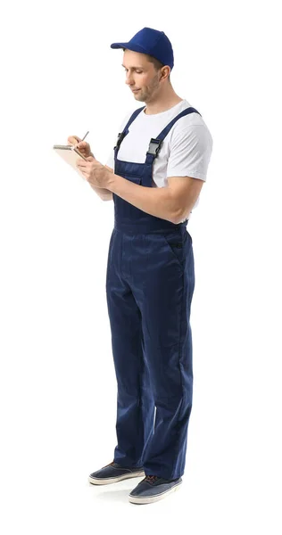 Conductor Camión Masculino Con Cuaderno Sobre Fondo Blanco —  Fotos de Stock