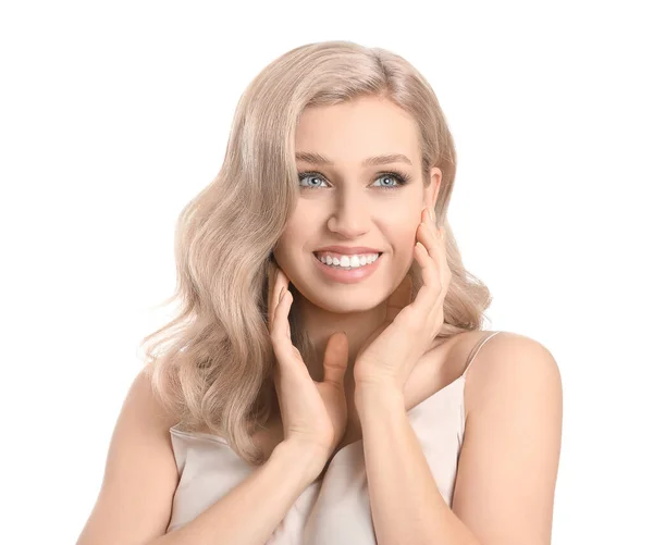 Молодая Блондинка Красивыми Волосами Белом Фоне — стоковое фото
