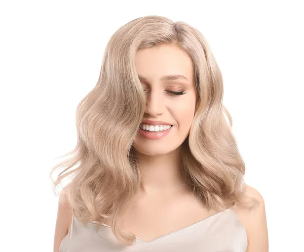 Молодая Блондинка Красивыми Волосами Белом Фоне — стоковое фото