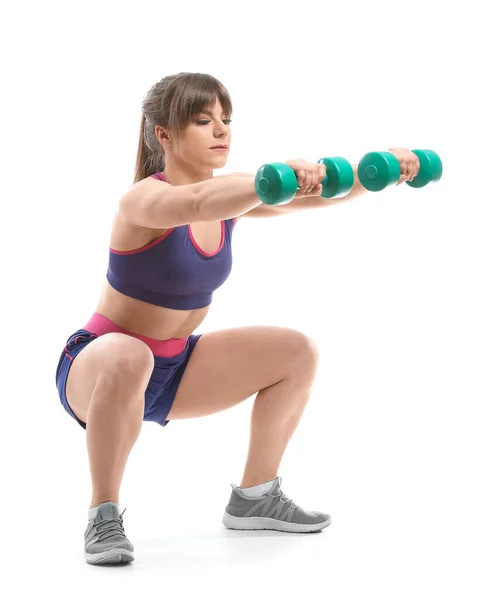 Entraînement Musculaire Femme Sportive Avec Haltères Sur Fond Blanc — Photo