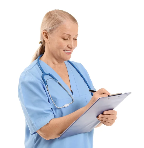 Maduro Médico Feminino Fundo Branco — Fotografia de Stock