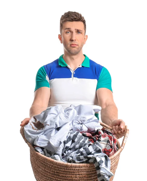 Beyaz Arka Planda Kirli Çamaşırları Olan Sorunlu Bir Adam — Stok fotoğraf