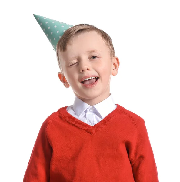 Schattig Jongetje Vieren Verjaardag Witte Achtergrond — Stockfoto