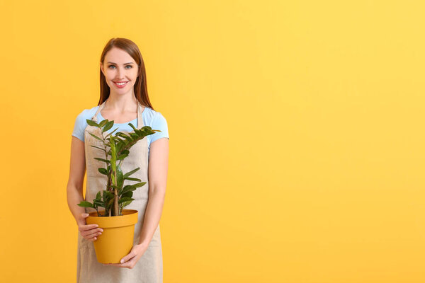 Портрет флористки с растением на цветном фоне
