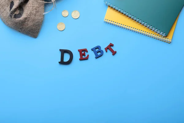 Pénzes Táska Notebook Szó Debt Színes Háttér — Stock Fotó