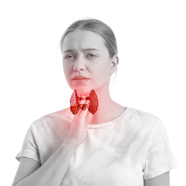 Женщина Проблемой Щитовидной Железы Белом Фоне — стоковое фото