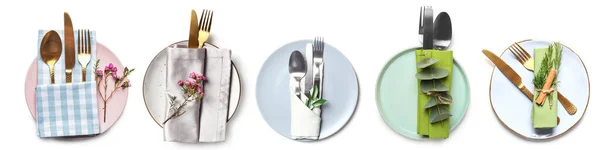 白い背景に異なるテーブル設定のセット — ストック写真