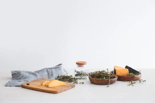 Tasty Cheese Thyme White Wooden Table — Stock Photo, Image