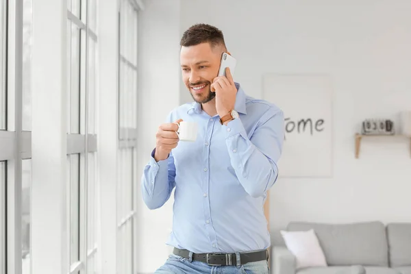 Handsome Businessman Talking Mobile Phone Office — Stock Photo, Image