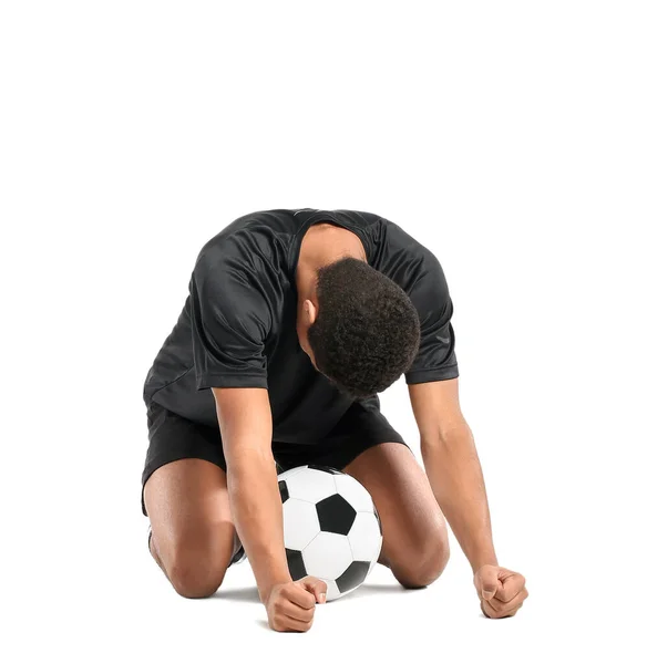 Emocional Jugador Fútbol Afroamericano Sobre Fondo Blanco — Foto de Stock