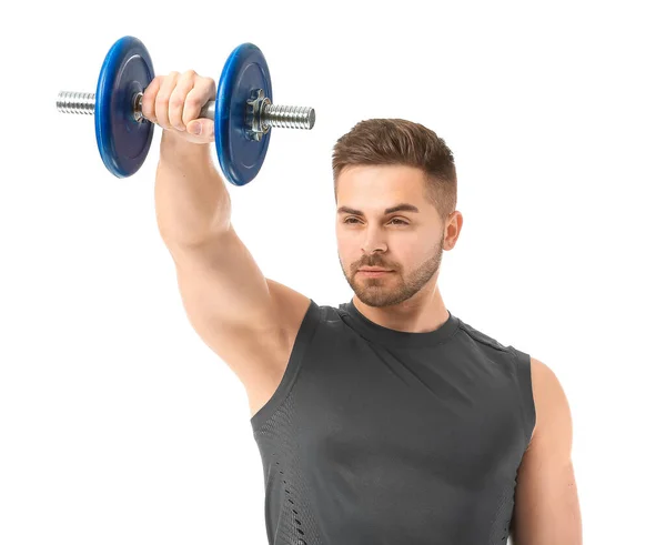 Joven Deportivo Entrenando Con Pesas Sobre Fondo Blanco — Foto de Stock